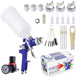 Pindex HVLP Pistolet à Peinture 1000ml avec 4 Buses 1,4mm 1,7mm 2,0mm 2,5mm, Pistolet à Pulvérisation par Gravité avec régulateur d'air pour la Peinture de Meubles automatiques,Bleu (EU-Pindex, neuf)