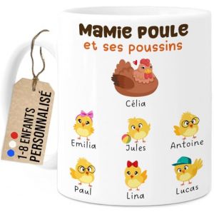 Cupdarling® Mug Mamie Personnalisé - Tasse Cadeau Grand-Mère Poule - Fête Des Grand-Mères - Anniversaire - 330 mL Céramique - 1-8 Petits-Enfants - 6 Poussins (Tassenliebling, neuf)