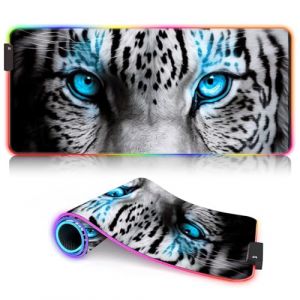 Tapis Souris Jeu à LED RGB avec Yeux Bleus et Tigre Blanc 14 Modes Lumineux, Tapis Souris Jeu antidérapant, Clavier et Tapis Souris étendu pour PC, Ordinateur Portable, Bureau 35 x 60 cm (lijinsahn, neuf)