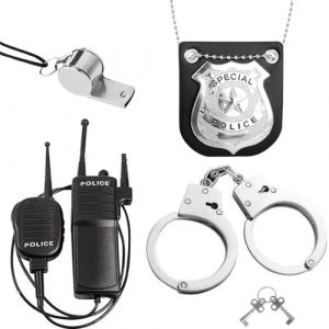 TNEDFOD 4 Pièces Police Equipement Accessoires Enfant, Police Enfants Accessoires avec Badge, Menottes, Talkie Walkie et Sifflet, Police Deguisement Enfant Costume pour Costume et Cosplay (maksimswin, neuf)