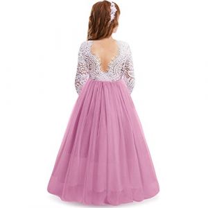 Fille Robe Manches Longues Fleur Dentelle Dos Nu Tulle Mariage Demoiselle D'honneur Premi&egrave;re Communion Bapt&ecirc;me Anniversaire F&ecirc;te De No&euml;l Soir&eacute;e Formelle Princesse Maxi Robe De Bal Rose Fonc&eacute; 7-8 Ans (IBTOMCASTLE, neuf)