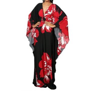 Bsubseach Caftan Femme Robe de Plage Grande Taille Longue Kaftan Maxi Ete Cache Maillot de Bain Djellaba Tunique Bohème Boho Cover Up Fleur Rouge (Bsubseach-EU, neuf)
