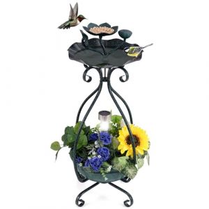 GYMAX Mangeoire Solaire pour Oiseaux d'Ext&eacute;rieur, Bain pour Oiseaux avec Lumi&egrave;re Solaire LED, Jardini&egrave;re Inf&eacute;rieure &agrave; Fleurs, Cadre M&eacute;tallique, D&eacute;coratif Vintage pour Jardin, Pelouse, Patio (Bronze) (GYMAX EU, neuf)