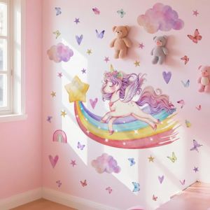 WandSticker4U®- Stickers muraux LICORNE et ARC EN CIEL XXL pour fille (126x79 cm) I Autocollant mural chambre enfant Licorne arc-en-ciel princesse fée I Déco murale chambre fille bébé crèche GRAND (WandSticker4U®, neuf)