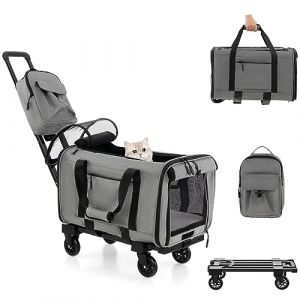 GOPLUS Sac de Transport &agrave; Roulette pour Chien Chat, Poussette de Transport et Sac &agrave; Dos 2 en 1 avec Fen&ecirc;tre de Ventilation en Maille, Sac de Nourriture pour Chiens et Chats, Gris (Augenstern24, neuf)