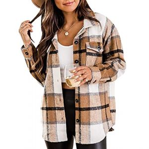 Shacket Femme Veste Chemise &Agrave; Carreaux Ecossaise Flanelle Femme Chemise B&ucirc;cheron Boutonn&eacute;e Classique D&eacute;contract&eacute;e &Eacute;cossaise Classe Tartan Flannel Carreau Femme Large Chemisier Ecossais Femme Chameau L (Pengniao, neuf)