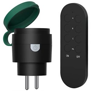 Prises Telecommande sans Fil, SURNICE Prises Télécommandées Extérieures IP44, Portée 40M, 2300W, 1 Prises Télécommandées et 1 Télécommande avec All On/Off, Noir/Vert (Sure Nice Direct, neuf)