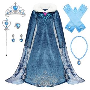 Monissy La Reine des Neiges Elsa Princesse Robe Fille Bleu Col Blanc Duvet Manche Longue Cape Tulle Glace Neiges Imprim&eacute; Asym&eacute;trique Costume Frozen Mariage Anniversaire Canarval,Bleu3,110 (Monissy, neuf)