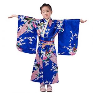 G&eacute;n&eacute;rique Kimono Japonais pour Filles Enfant Fille Peignoir Satin Pyjama Kimono Robe de Chambre &agrave; Manche Longue Fille Peignoir Mariage F&ecirc;te Performance Robe (01B-Blue, 9-10 Years) (Beythetly, neuf)