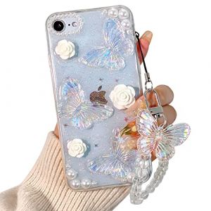 NITITOP Coque pour iPhone 7/8/SE2/SE3 Mignon Clair 3D Papillon avec Fleur Floral Perle Paillettes pour Filles Femmes Doux TPU Antichoc Housse De Protection Girly - Papillon (NITITOP, neuf)