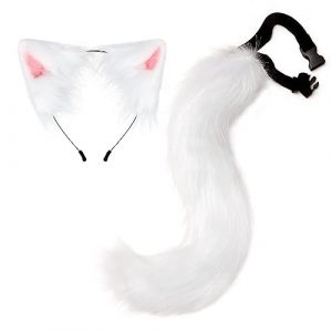 2PCS Kit Costume Chat Cosplay, Serre-tête Oreilles de Chat avec Longue Queue de Renard Oreilles Queue Bandeau Costume Cosplay Coiffure Halloween Fête Adulte Enfant Cosplay Fête de Noël (CHENQINGKE, neuf)