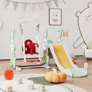 LIVLUX Toboggan pour Enfants 4 en 1,Intérieur et Extérieur Toboggan avec Balançoire, Panier de Basket et Échelle d'escalade,Design Lapin, pour Enfants de 1 à 6 Ans. (Vert) (ZHANG RONGYUN STORE, neuf)