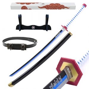Hashiman - Katana Demon Réplique Manga Sabre + Support Epée Bois + Ceinture - Catana Japonais Cosplay Décoration Jouet Enfant Adulte - Jeu Déguisement Deco Ninja (Giyu Tomioka) (Hashiman, neuf)