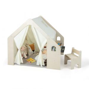 DREAMADE 6 en 1 Tente de Jeu en Bois Enfants 2-6Ans,Maison de Jeu avec Tapis&Tableau Noir Double Face&Chaise&Bac&1 Poche Lat&eacute;rale&Rideaux,Cabane de Jeu Enfant Int&eacute;rieure (131X98X113CM) (DREAMADE, neuf)