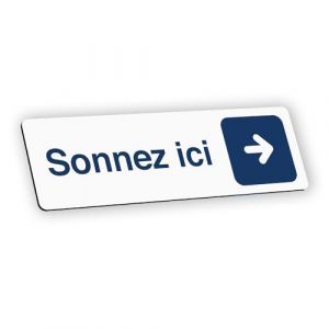 Plaque signalétique gravée autocollante Sonnez ici flèche droite - blanc écriture bleue - format 12x3,7 cm (my-goodprice, neuf)