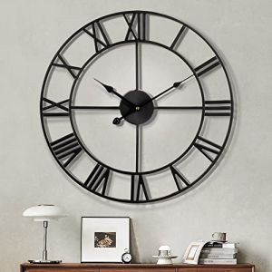 Chiffres Romains Modernes Grandes horloges murales Horloge Murale silencieuse en métal Rond sans tic-tac pour Salon, Cuisine, Chambres, horloges murales Vintage de Jardin, décor Noir 47 cm (Jia Mi Home INC. FR, neuf)