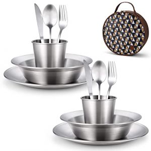 Odoland Set de Couvert Camping Inoxydable 13 en 1, Kit de Vaisselle Camping Poli pour 2 personne avec Assiette Bol Tasse Fourchette Cuillère Couteau Sac de Rangement pour Camping Randonnée Pique-nique (Aveka, neuf)
