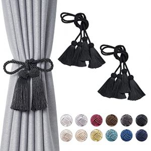 Pretty Jolly Lot de 4 embrasses de rideaux à pompons à double extrémité faites à la main en corde tressée avec nœuds de style européen pour décoration de fenêtre de maison et de bureau (noir) (PrettyJolly, neuf)