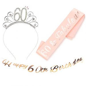 (3 pcs) Couronne 60 Ans Anniversaire Echarpe 60 Ans Banderole Joyeux Anniversaire 60 Diad&egrave;me Tiare de Couronne 60 Ans Or Rose &Eacute;charpe Happy 60th Birthday D&eacute;coration Ensemble d'anniversaire 60 Femmes (Niya Shop, neuf)