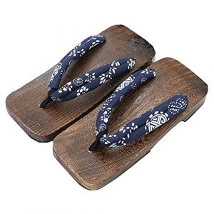 KUNANG Sandales en bois pour homme, Geta japonaise, pantoufles Geta, sabots traditionnels japonais en bois Geta, Bleu/blanc, 42 EU (KUNANG2020 FR, neuf)