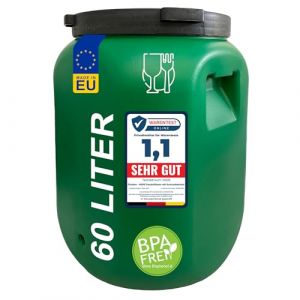 plasteo F&ucirc;t &agrave; col large de 60 l avec couvercle - Convient &agrave; un usage alimentaire - F&ucirc;t universel en poly&eacute;thyl&egrave;ne haute densit&eacute; avec bouchon &agrave; vis - Pour nourriture, stockage et transport - Vert (wilai GmbH, neuf)