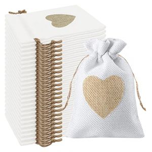 VEGCOO 24Pcs Motif de Coeur Sachets en Toile de Jute Pochettes 10 * 14CM, pour Dragees Mariage pour Bonbons Adeaux Cadeau Baptême Anniversaire Noël Petit (Blanche) (LCD UK Store, neuf)