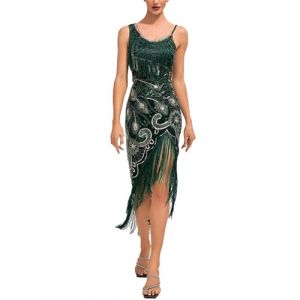 KBOPLEMQ Costume des années 20 pour femme - Robe vintage des années 1920 - Robe de soirée Charleston - Robe de soirée - Costume de cocktail - Robe Gatsby à paillettes - Ourlet à pompons - Robe de (VISNA, neuf)