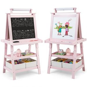 GOPLUS Tableau Enfant Double Face, Chevalet Enfant avec Tableau Blanc/Noir Magn&eacute;tique Effacable, Rouleau de Papier 2 Bo&icirc;tes de Rangement, pour 3+ Ans (Rose) (Augenstern24, neuf)