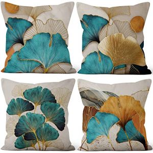 Uiiooazy Housse Coussin Feuillage, Taie Oreiller Feuilles d'ginkgo Bleu Turquoise Or Velours Housse de Coussin Décoratif Taie d'oreiller de Canapé Housse de Coussin pour Lit Salon, Lot de 4, 50x50cm (dongguibinjingpinxiaodianpu, neuf)