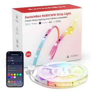 SwitchBot RGBICWW Ruban LED 5M, 72 LEDs/m Matter Bande LED Compatibles avec Apple Home, Alexa, Google Home, App Contr&ocirc;le, 16 Millions de Couleurs, Mode Musique, LED pour Chambre &agrave; coucher, t&eacute;l&eacute;vision (SwitchBot, neuf)