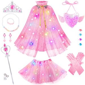 D&eacute;guisement Princesse Fille 3+ Ans, Ensemble de Cape de Princesse Illumin&eacute;e Avec Couronne, Jeu de R&ocirc;le Deguisement de Princesse Filles 3-8 Ans, Jouet de Fille Cadeaux pour Halloween No&euml;l Carnaval (HCWYUS, neuf)