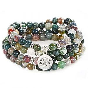 Collier Bracelet Mala 108 perles avec breloque Lotus et petites perles en pierre de 6 mm (Agate indienne (Indian Agate)) (Self-Discovery Jewelry, neuf)