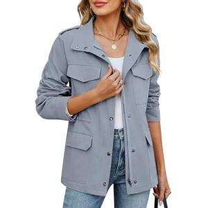 CMTOP Veste Femme mi Saison Court L&eacute;ger Blouson en Coton, D&eacute;contract&eacute; &Eacute;l&eacute;gante Jacket Saharienne Veste Manteau avec Multi Poches pour Printemps &Eacute;t&eacute; Automne(Bleu Gris&acirc;tre,S) (Lemens, neuf)