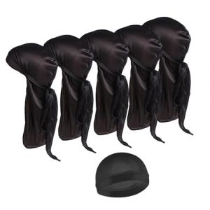 Fokroin Lot de 5 Bonnets ondulés en Soie pour Homme et 1 Bonnet Durag, Silky Durag Bonnet en Soie pour Homme, Silk Durag Longue Queue Durag Respirant Couvre, Queues Extra Longues (Rich Like Sea Shop, neuf)