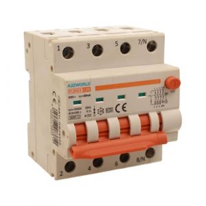 A2ZWORLD Interrupteur magn&eacute;tothermique diff&eacute;rentiel triphas&eacute;, type A 30 mA, RCBO Classe A 4P C20 20A, courbe C 3P+N 6000A, occupe 4 modules DIN, AC 400 V IP20 (A2ZWORLD-FR, neuf)