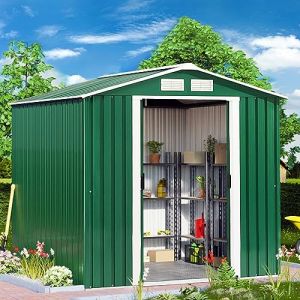 COSTWAY Abri de Jardin M&eacute;tal Ext&eacute;rieur 2.7㎡ Acier Galvanis&eacute; avec Fondation, Toit Pench&eacute;, 4 Persiennes, Double Porte Coulissante, Cabane Jardin Exterieur avec Rampe, pour V&eacute;lo, Poubelle, 213x127x185CM (FDS GmbH, neuf)