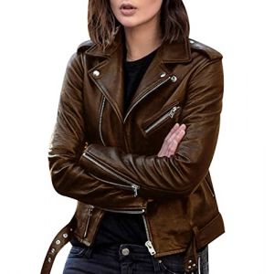 Faux Leather Jacket Femme Courte Blouson Motard Veste Biker Cintr&eacute;e Imitation Cuir Oversize Col Montant PU Grande Taille Marron L (Pengniao, neuf)