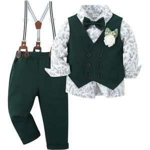 ZOEREA B&eacute;b&eacute; Gar&ccedil;on Gentleman Smoking V&ecirc;tements Ensembles, Enfant Mariage Bapt&ecirc;me Tenue Costume Haut Chemise+Gilet+Pantalon+N&oelig;ud Papillon+Corsage Style 2 Vert, 3-4 ans (FUN RAYS SL., neuf)