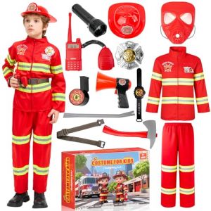 Lubolee Costume Carnaval Pompier Enfant avec Casque, Masque et Divers Accessoires de Pompier, D&eacute;guisement Pompier Enfant pour Carnaval, Halloween et F&ecirc;tes d'Anniversaire (130) (Bobolele, neuf)