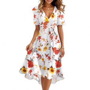 Robe de Femme Boheme Chic et Elegant Mi Longue Ensemble Robe Femme Vetement Femmes Portefeuille Grande Taille Manche Courte Cache Coeur 2025 Robes de Bal Plage Soiree D'&eacute;t&eacute;(B Orange,X-Large) (QU-XINYU, neuf)