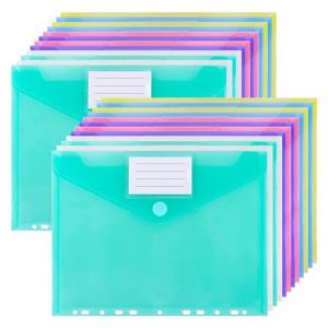 JIANTA Lot de 24 pochettes transparentes A4 &agrave; bouton-pression, 6 couleurs assorties, pochettes en plastique avec fermeture Velcro et pochette pour &eacute;tiquettes pour organiser des documents (JIANTA, neuf)