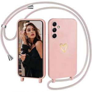IBETEK Coque avec Cordon pour Samsung Galaxy A54 5G, Coque de Cellulaire Corde Silicone &Eacute;tui en Motif Coeur avec R&eacute;glable Collier T&eacute;l&eacute;phone Cha&icirc;ne Lanyard Case Housse pour Samsung A54 5G, Pink (iBEX, neuf)