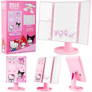 Get Trend Hello Kitty Sanrio Miroir Maquillage Lumineux avec 16 LED, Miroir Grossissant Triptyque 3X, Capteur Tactile et Plateau, Idée Cadeau Kawaii (Get Trend., neuf)