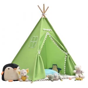 Tente tipi, 120 x 120 x 160 cm, avec boule de feutre, pour l'intérieur, plusieurs couleurs, en toile, tipi, tente de lecture et salle de jeux, tente pour enfant (vert) (jackfruitjuice, neuf)