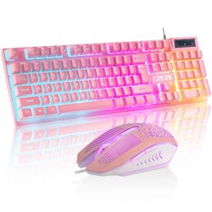 CHONCHOW Ensemble clavier et souris de jeu rose avec LED, 104 touches filaires lumineuses et mignonnes souris pour PC, ordinateur portable, PS4, PS5, Xbox, 19 touches anti-ghosting, touches multim&eacute;dia (Luminous trade, neuf)