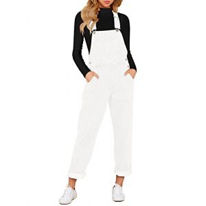 Roskiky - Salopette décontractée en denim extensible pour femme - Salopette en jean avec poches, Blanc brillant, L (RoskikyEU, neuf)