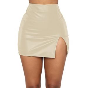 Panegy Mini jupe fendue en cuir synth&eacute;tique pour femme, jupe crayon moulante, taille haute, jupe portefeuille d&eacute;contract&eacute;e, Couleur chair, S (QINGYUEEU, neuf)