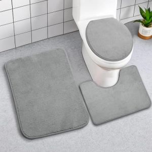 APOMOONS 3 Pi&egrave;ces Tapis de Bain Antid&eacute;rapant &agrave; Poils Longs, Tapis de Douche Absorbant, WC Contour en Microfibre, Tapis de Toilette &eacute;pais en Forme de U pour Salle de Bain, Gris (xinzemei, neuf)