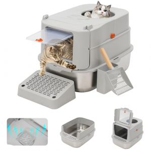 Bac Liti&egrave;re pour Chat,Bac &agrave; Liti&egrave;re Ferm&eacute; pour Chat avec Pelle et P&eacute;dale,Liti&egrave;re Haute en avec Couvercle,Caisse Litiere pour Chats avec Double Entr&eacute;e Plateau Amovible，Gris (Gongchen-eu, neuf)