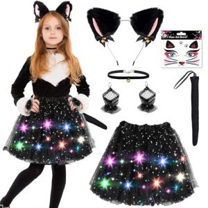 Deguisement Chat Noir Fille,D&eacute;guisement Chat Enfant Avec Bandeau Oreilles de Chat,Collier Clochette,Manches dentelles,Tutu Et Queue de Chat,Pour Carnaval Cosplay f&ecirc;te Carnaval D&eacute;guisement (Jupe 2) (wanakeji, neuf)